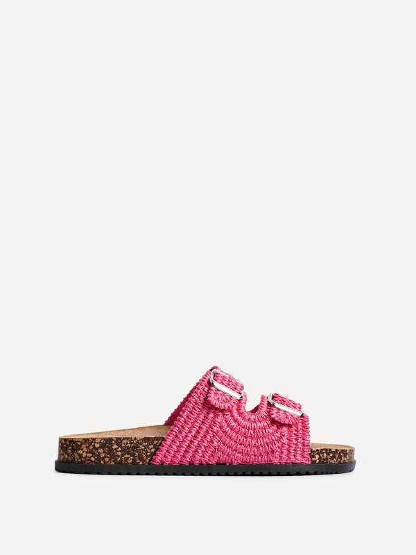 Linzi Fuchsia Raffia Footbed Double Buckle Flat Sandal