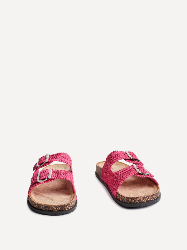 Linzi Fuchsia Raffia Footbed Double Buckle Flat Sandal