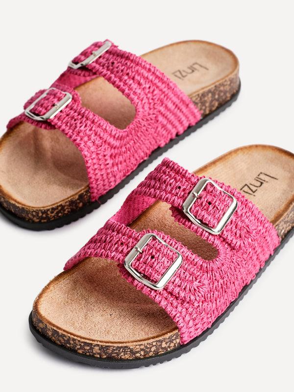 Linzi Fuchsia Raffia Footbed Double Buckle Flat Sandal