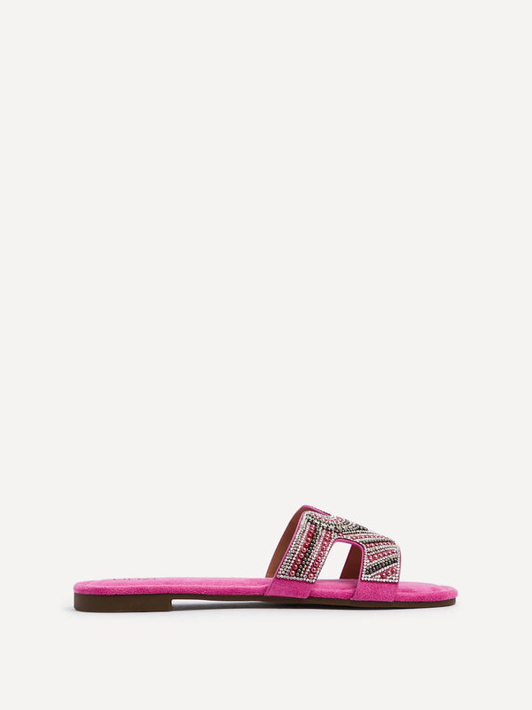 Linzi Fuchsia Suede Aztec Design Embellished Slider Sandal