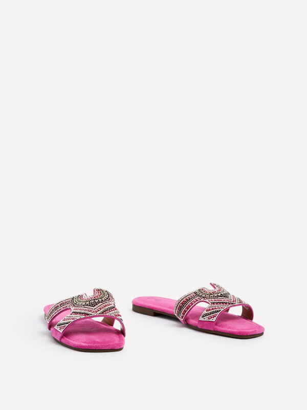 Linzi Fuchsia Suede Aztec Design Embellished Slider Sandal