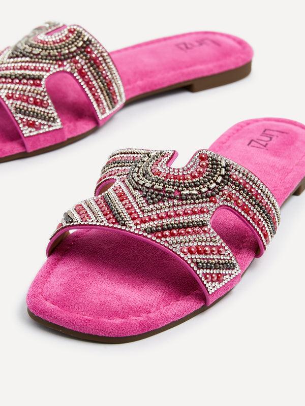 Linzi Fuchsia Suede Aztec Design Embellished Slider Sandal