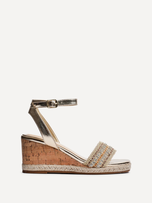 Linzi Gold Embellished Cork Wedge With Rope Detailing