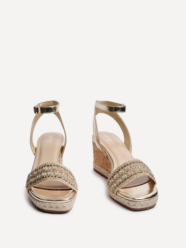 Linzi Gold Embellished Cork Wedge With Rope Detailing