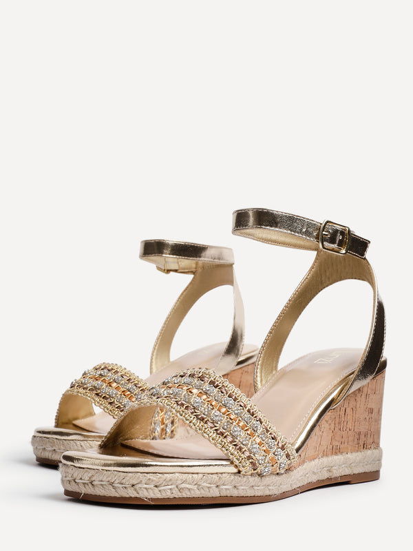 Linzi Gold Embellished Cork Wedge With Rope Detailing