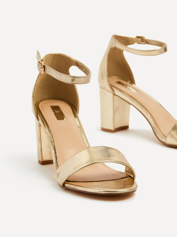 Linzi Gold Faux Leather Barely There Closed Back Block Heeled Sandal