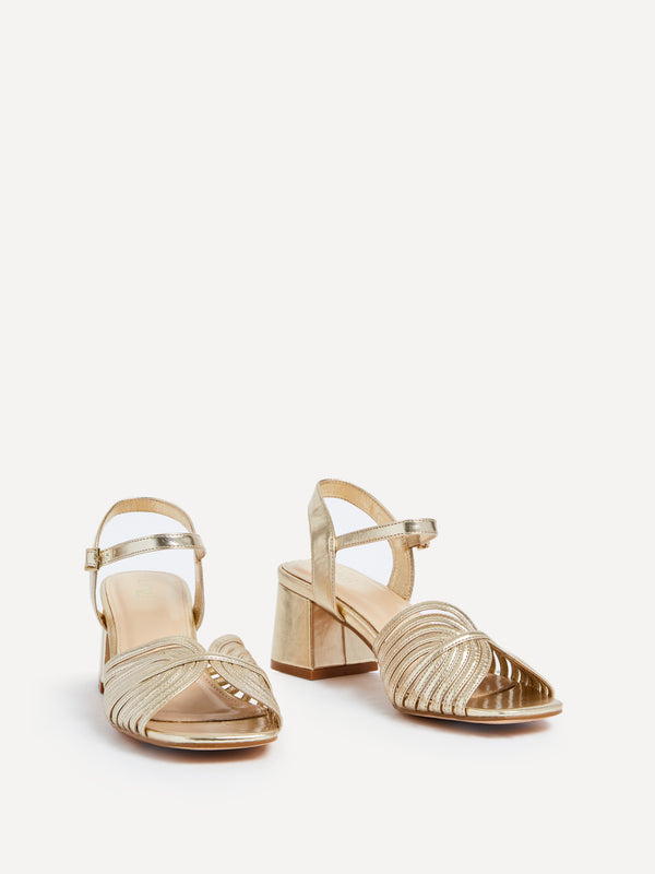 Linzi Gold Faux Leather Block Heel With Strappy Upper