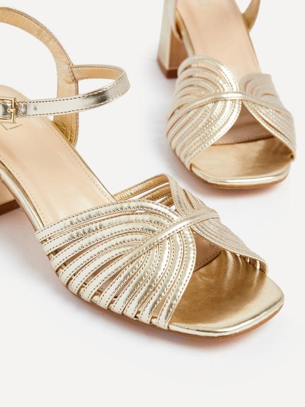 Linzi Gold Faux Leather Block Heel With Strappy Upper