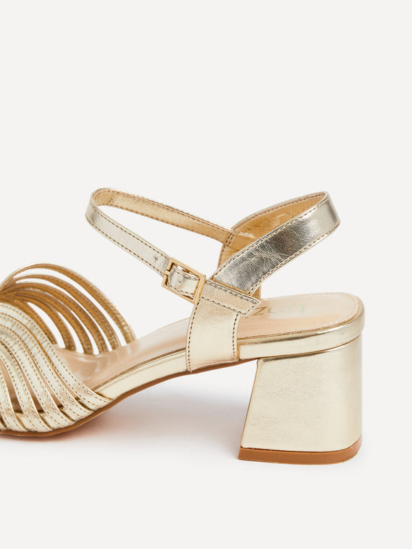 Linzi Gold Faux Leather Block Heel With Strappy Upper