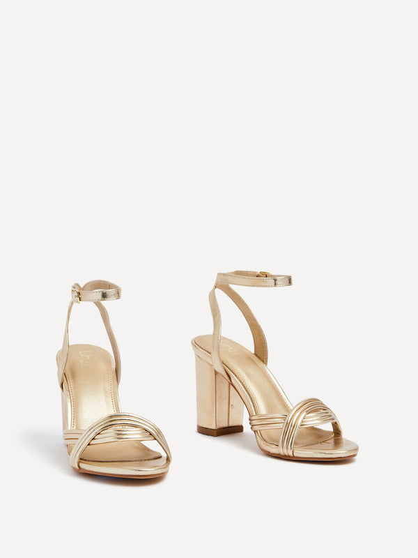 Linzi Gold Faux Leather Block Heeled Sandal With Intertwined Front Straps