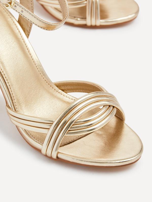 Linzi Gold Faux Leather Block Heeled Sandal With Intertwined Front Straps
