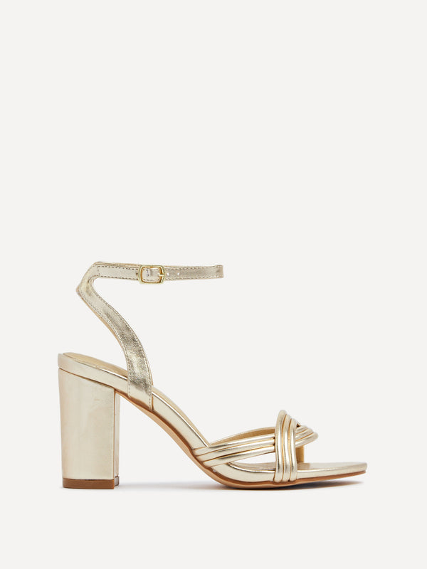 linzi Gold Faux Leather Block Heeled Sandal With Intertwined Front Straps