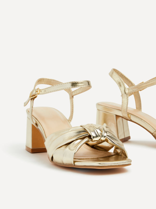 Linzi Gold Faux Leather Block Heeled Sandal With Knotted Front Strap