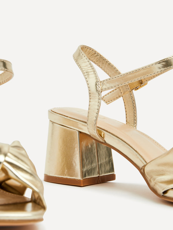 Linzi Gold Faux Leather Block Heeled Sandal With Knotted Front Strap