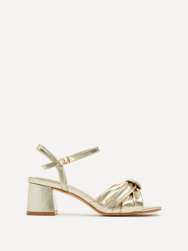 linzi Gold Faux Leather Block Heeled Sandal With Knotted Front Strap
