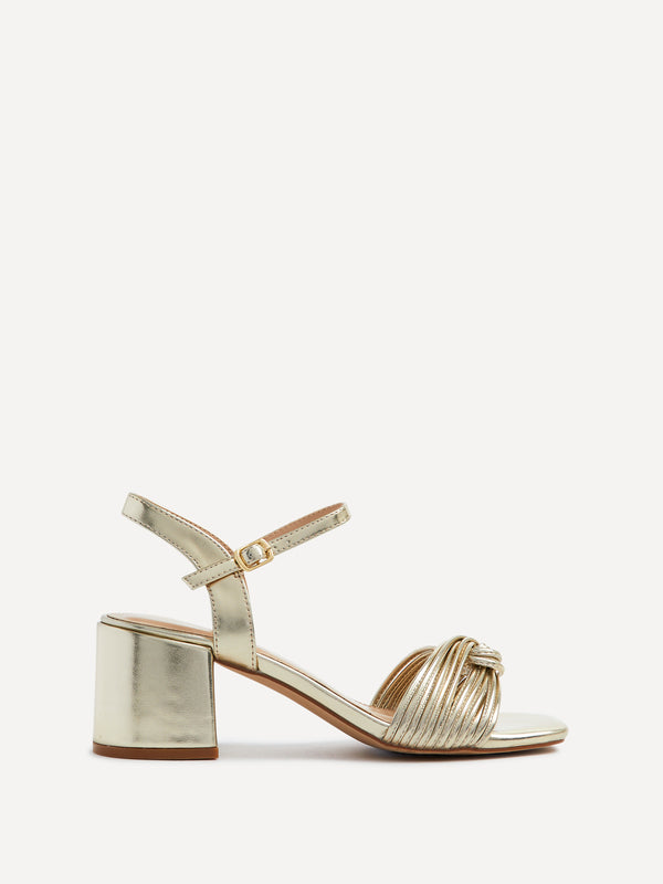 Linzi Gold Faux Leather Block Heeled Sandal With Looped Front Detail