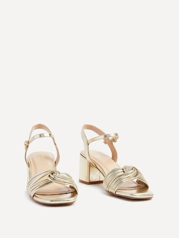 Linzi Gold Faux Leather Block Heeled Sandal With Looped Front Detail