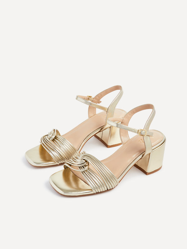 Linzi Gold Faux Leather Block Heeled Sandal With Looped Front Detail