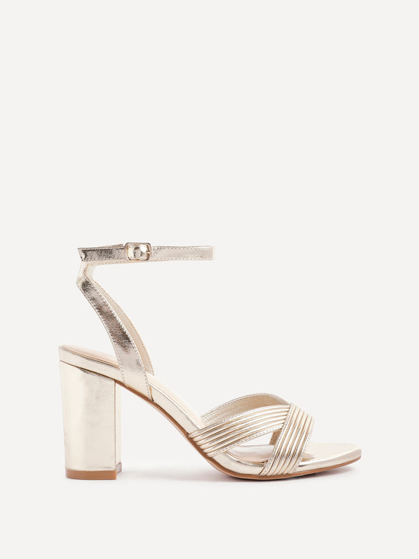 Linzi Gold Faux Leather Block Heeled Sandal With Ribbed Design Front Strap