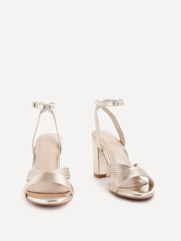 Linzi Gold Faux Leather Block Heeled Sandal With Ribbed Design Front Strap