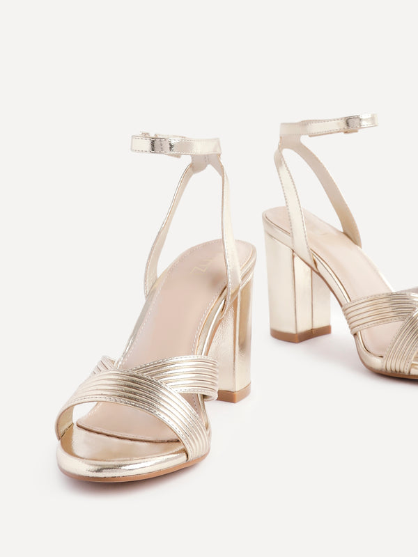 Linzi Gold Faux Leather Block Heeled Sandal With Ribbed Design Front Strap