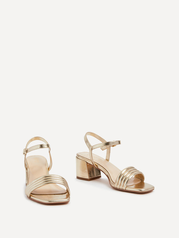 Linzi Gold Faux Leather Block Heeled Sandal With Ribbed Front Strap