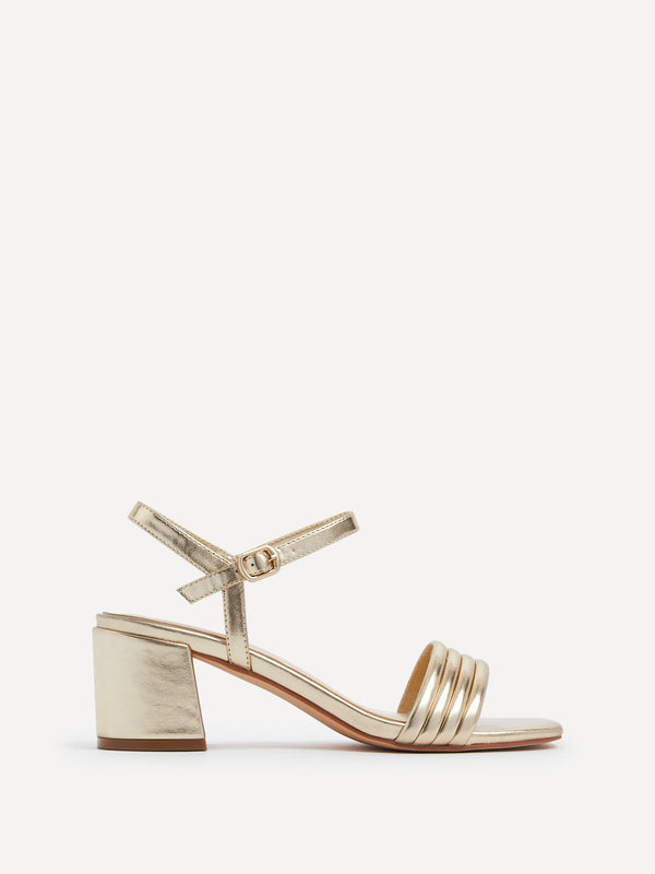Linzi Gold Faux Leather Block Heeled Sandal With Ribbed Front Strap