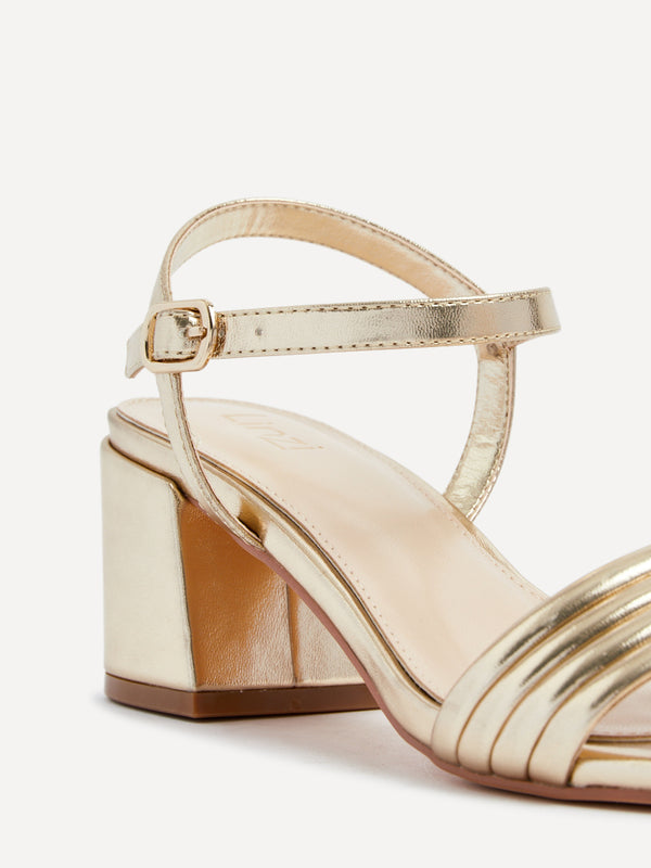 Linzi Gold Faux Leather Block Heeled Sandal With Ribbed Front Strap