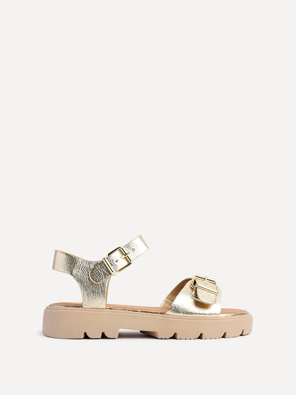 Linzi Gold Faux Leather Chunky Sandal With Buckle Detail
