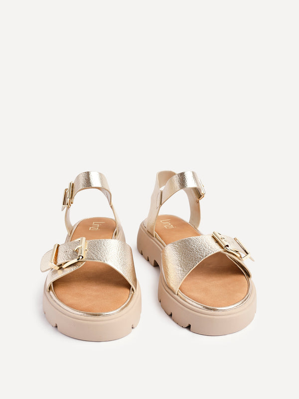 Linzi Gold Faux Leather Chunky Sandal With Buckle Detail