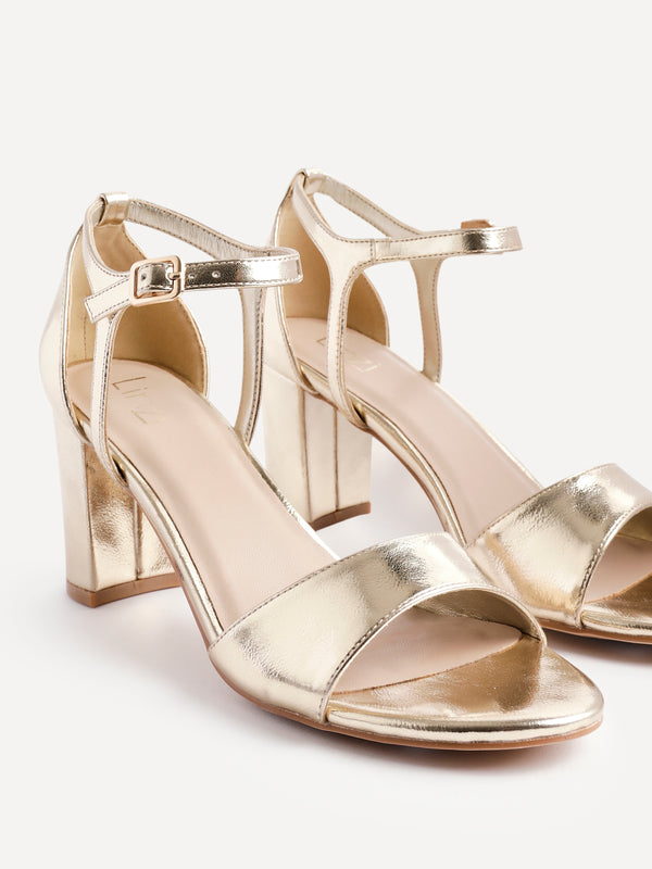 Linzi Gold Faux Leather Closed Back Block Heel Sandal