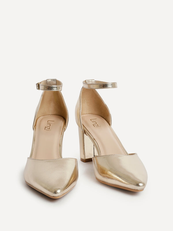 Linzi Gold Faux Leather Closed Back Block Heeled Court Shoe