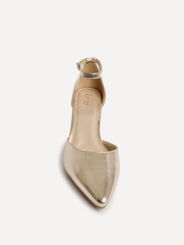 Linzi Gold Faux Leather Closed Back Block Heeled Court Shoe