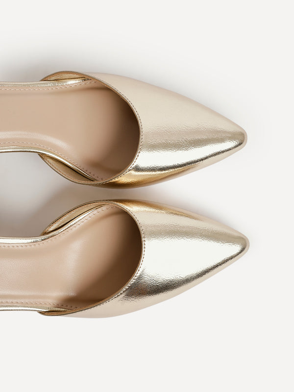 Linzi Gold Faux Leather Closed Back Block Heeled Court Shoe