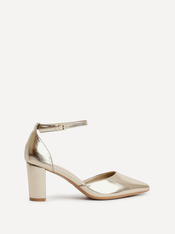 linzi Gold Faux Leather Closed Back Block Heeled Court Shoe