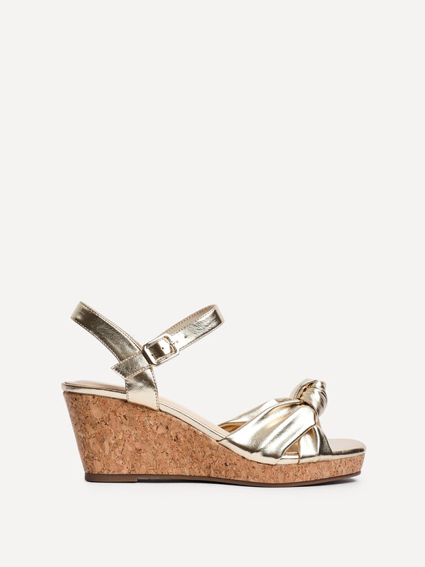 Linzi Gold Faux Leather Cork Wedge With Knotted Front Strap