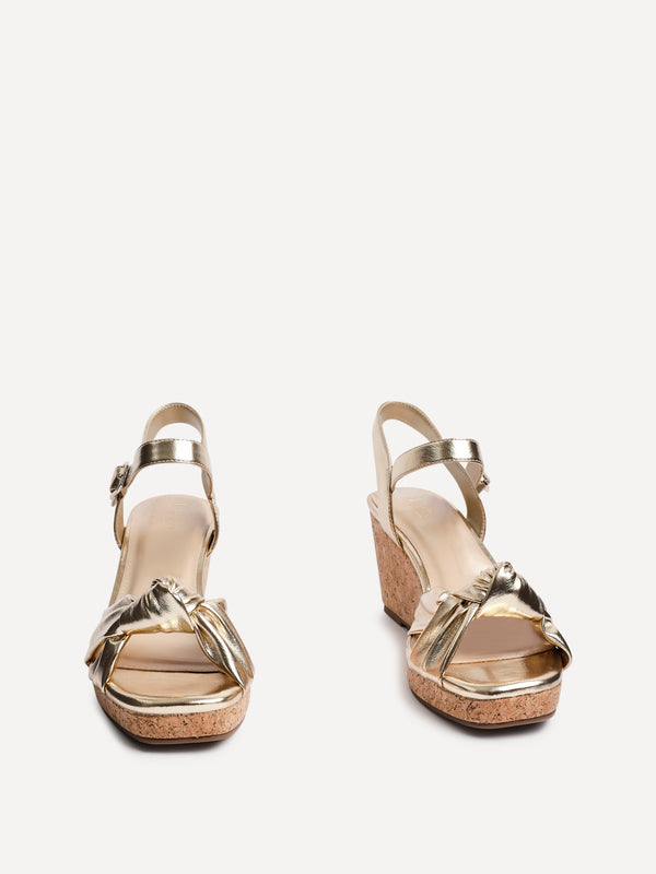 Linzi Gold Faux Leather Cork Wedge With Knotted Front Strap