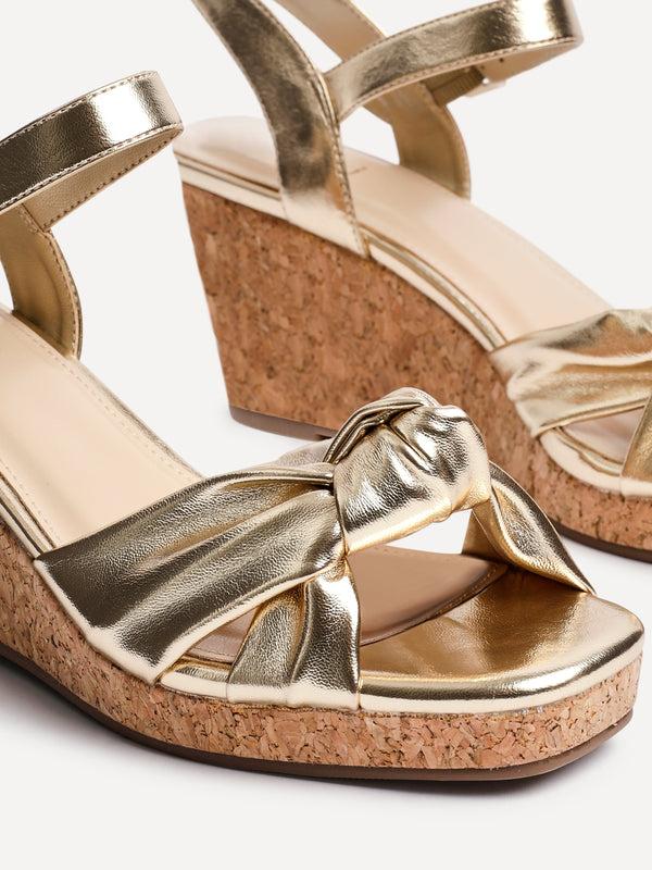 Linzi Gold Faux Leather Cork Wedge With Knotted Front Strap