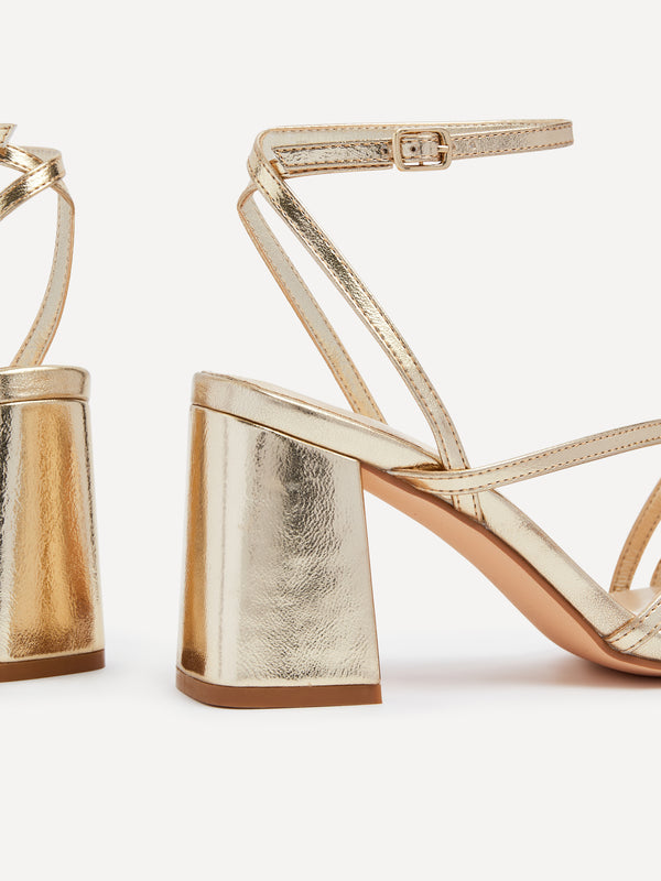Linzi Gold Faux Leather Crossover Block Heeled Sandal