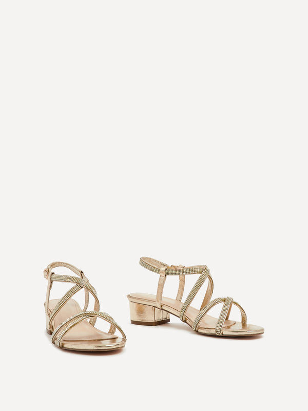 Linzi Gold Faux Leather Crossover Diamante Straps Low Block Heeled Sandal