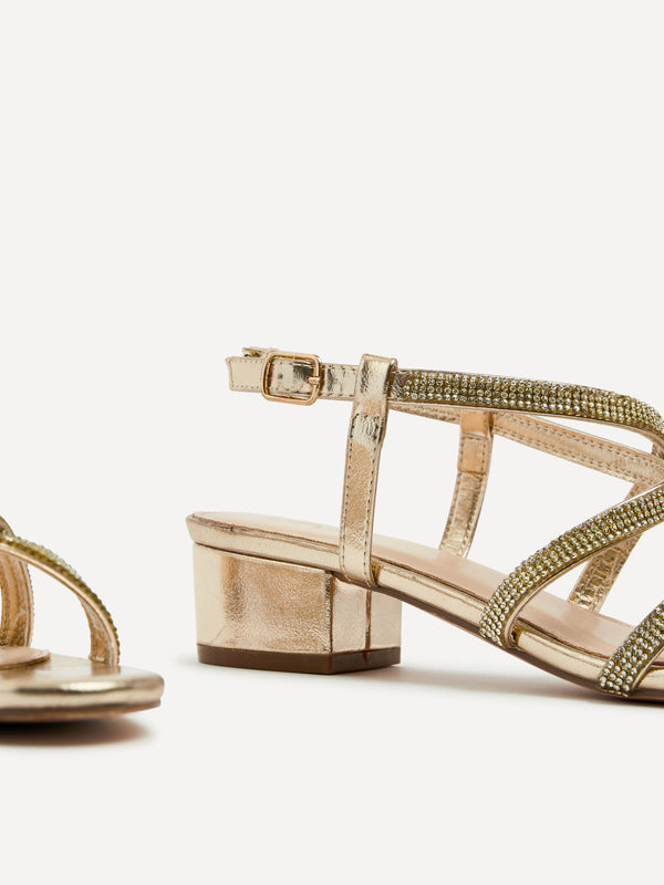 Linzi Gold Faux Leather Crossover Diamante Straps Low Block Heeled Sandal