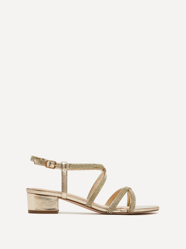 linzi Gold Faux Leather Crossover Diamante Straps Low Block Heeled Sandal