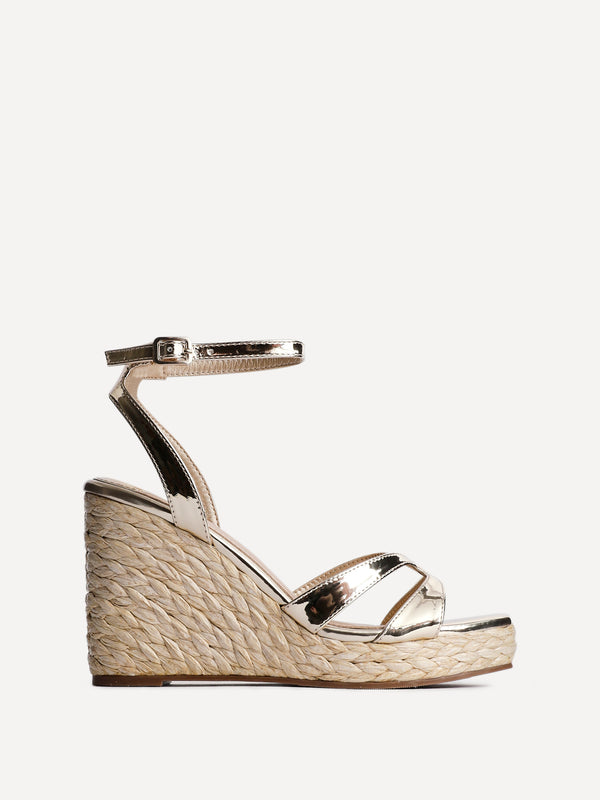 Linzi Gold Faux Leather Crossover Espadrille Inspired Wedge