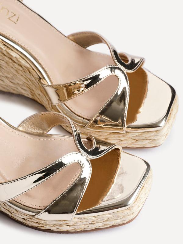 Linzi Gold Faux Leather Crossover Espadrille Inspired Wedge