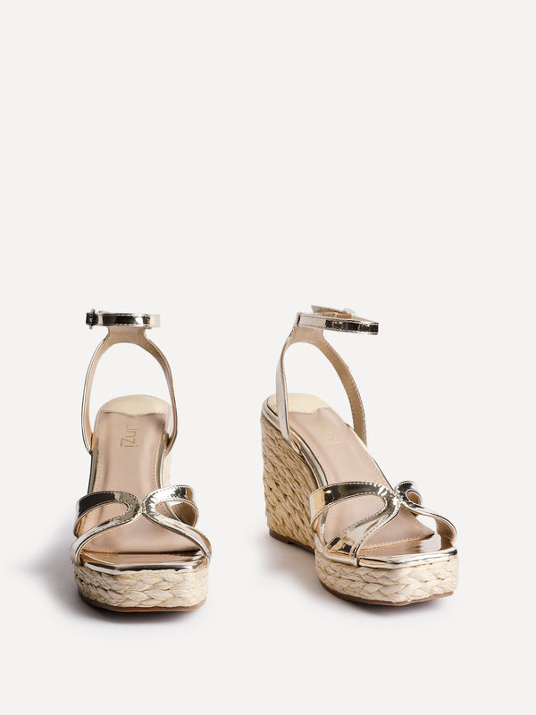 Linzi Gold Faux Leather Crossover Espadrille Inspired Wedge