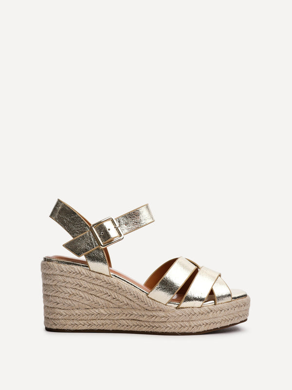 Linzi Gold Faux Leather Crossover Espadrille Platform Wedge