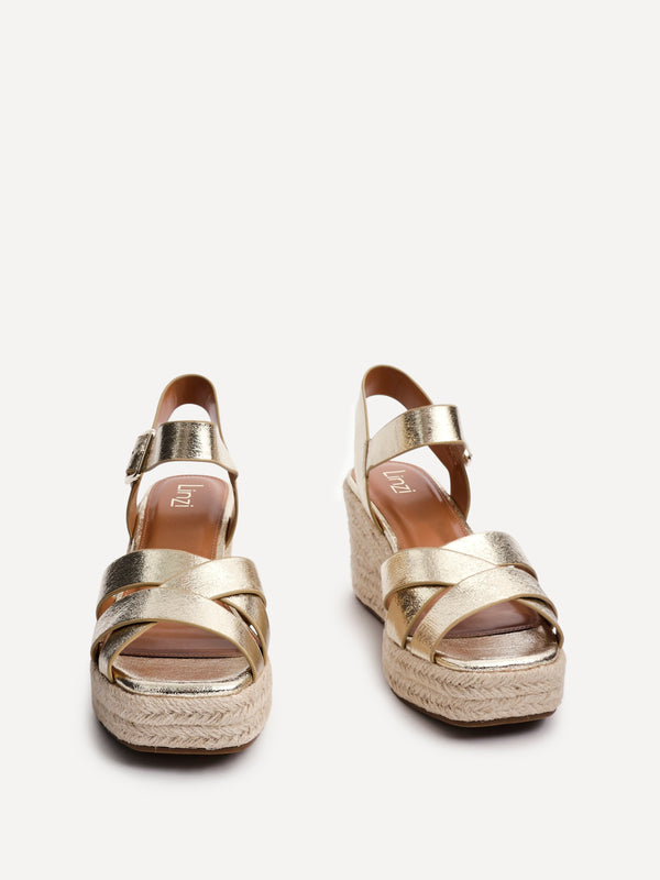 Linzi Gold Faux Leather Crossover Espadrille Platform Wedge