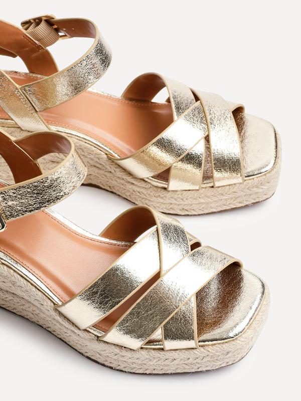 Linzi Gold Faux Leather Crossover Espadrille Platform Wedge