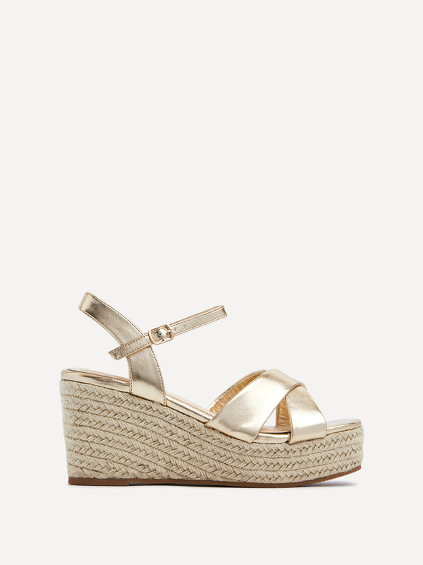 Linzi Gold Faux Leather Crossover Rope Detail Wedge