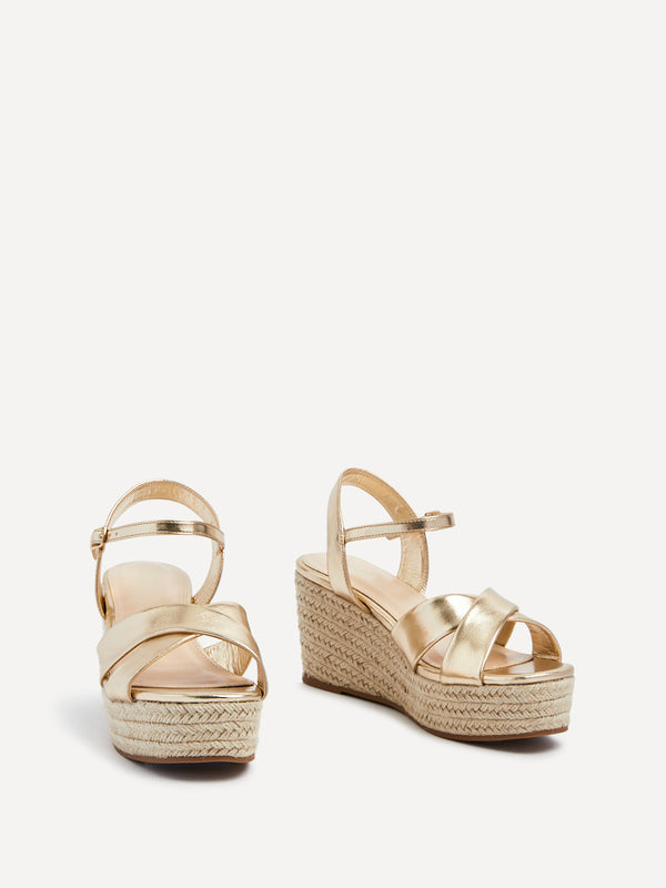 Linzi Gold Faux Leather Crossover Rope Detail Wedge